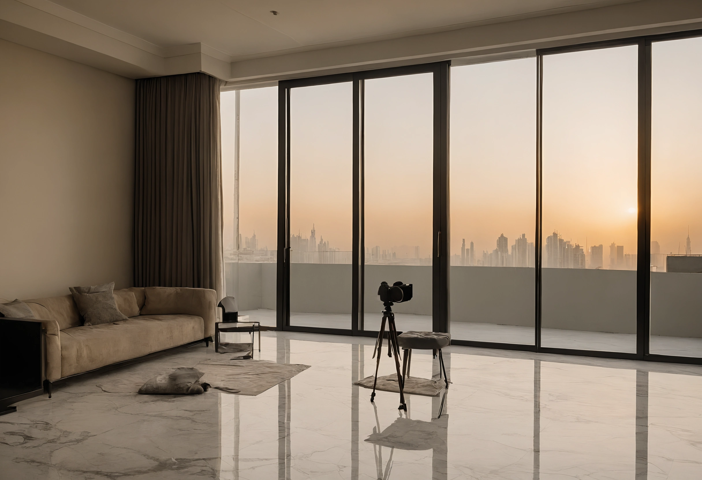 Dubai apartment living room at sunset with a sofa, a camera on a tripod and the city skyline through floor-to-ceiling glass
