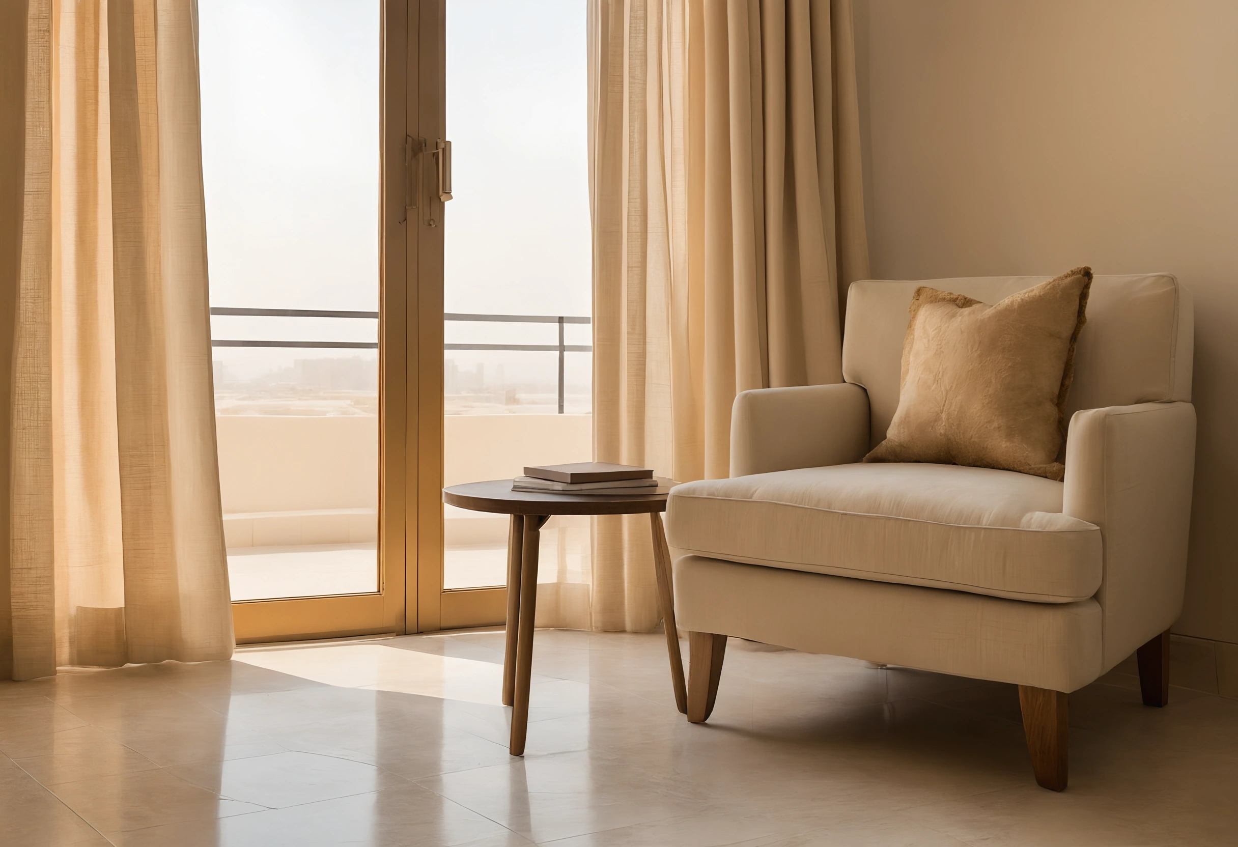 Armchair and side table beside a balcony door in a Dubai apartment, with low golden sunlight through sheer curtains casting long shadows